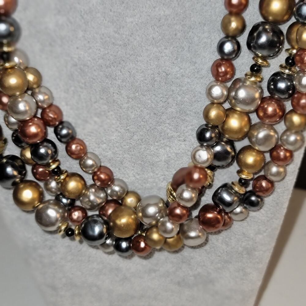 VTG c1980 Bold Beaded 4-Strand Bronze Gold Silver & Graphite Layered Necklace - Picture 2 of 4